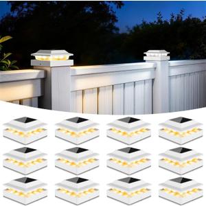 Solar Post Cap Lights 12-Pack, IP65 Waterproof Fence Post Solar Lights for 4x4 Wood/Vinyl Posts, Outdoor Post Lights with 2 Color Modes Decorate Garden Patio Porch Backyard, White