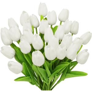 28pcs White Flowers Artificial Tulip Stems Real Feel PU Tulips for Easter Spring Wreath Wedding Bouquet Centerpiece Floral Arrangement Cemetery Table Dcor 13" Tall