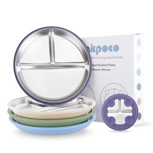Bakpoco Stainless Steel Suction Plates for Toddlers, 9" Divided Kids Baby Plates with Removable Silicone Suction, Non Toxic Non Slip Portion Control Snack Dishes 1 Packs, Blue Green Purple Beige