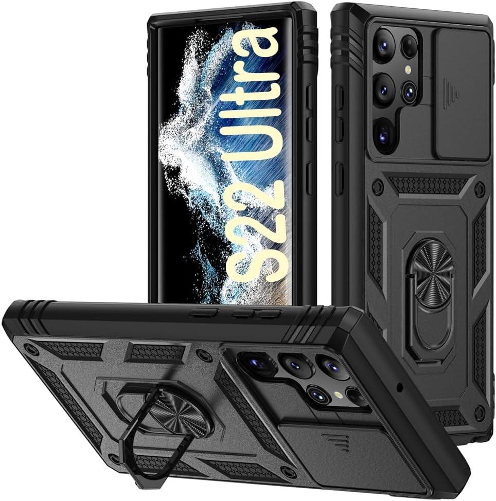 PASNEW Case for Samsung Galaxy S22 Ultra 5G,Finger Ring Kickstand & Camera Cover Slide,Military Multi-Layered Heavy Duty Shockproof Protection Shell for S22Ultra,6.8 inch,Black
