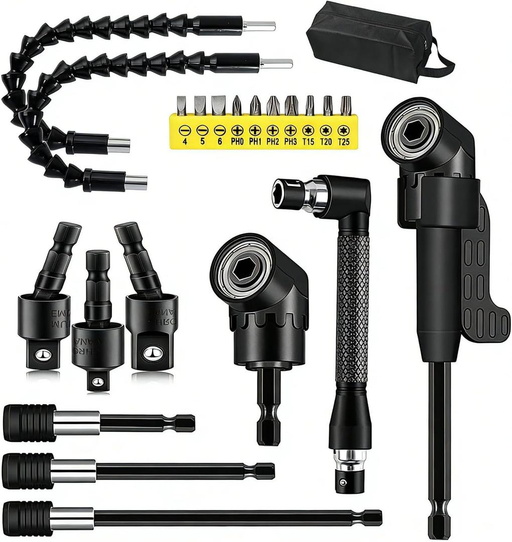 21 Pcs Right Angle Drill Attachment Set Includes 2Pcs Flexible Drill Bit Extension 3Pcs 360 Rotatable 1/4 3/8 1/2" Impact Grade Socket Adapter 3Pcs Drill Bit Holder 10 Short Screwdriver Bits
