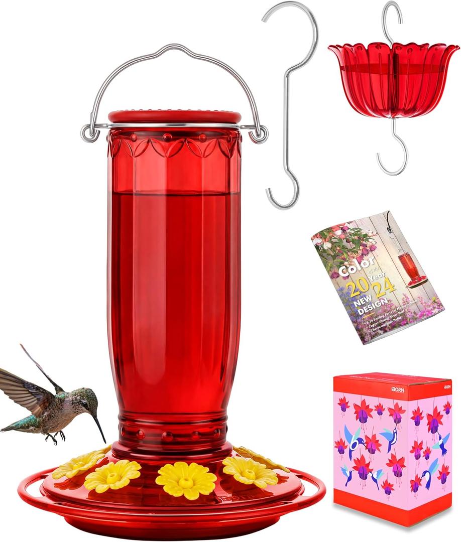 iBorn Hummingbird Feeders for Outdoors Hanging with Ant Moat for Hummingbird Feeder Glass 8 Ports for 16oz Humming Bird Nectar,Yellow Flowers Red Glass, Pack of 1
