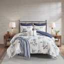 Madison Park Zennia Farmhouse Comforter Set with Throw-Blanket, Floral Print on Seersucker Textures, All Season Bedding, Matching Shams, Toss Pillows, Full/Queen(90"x90"), Blue 7 Piece