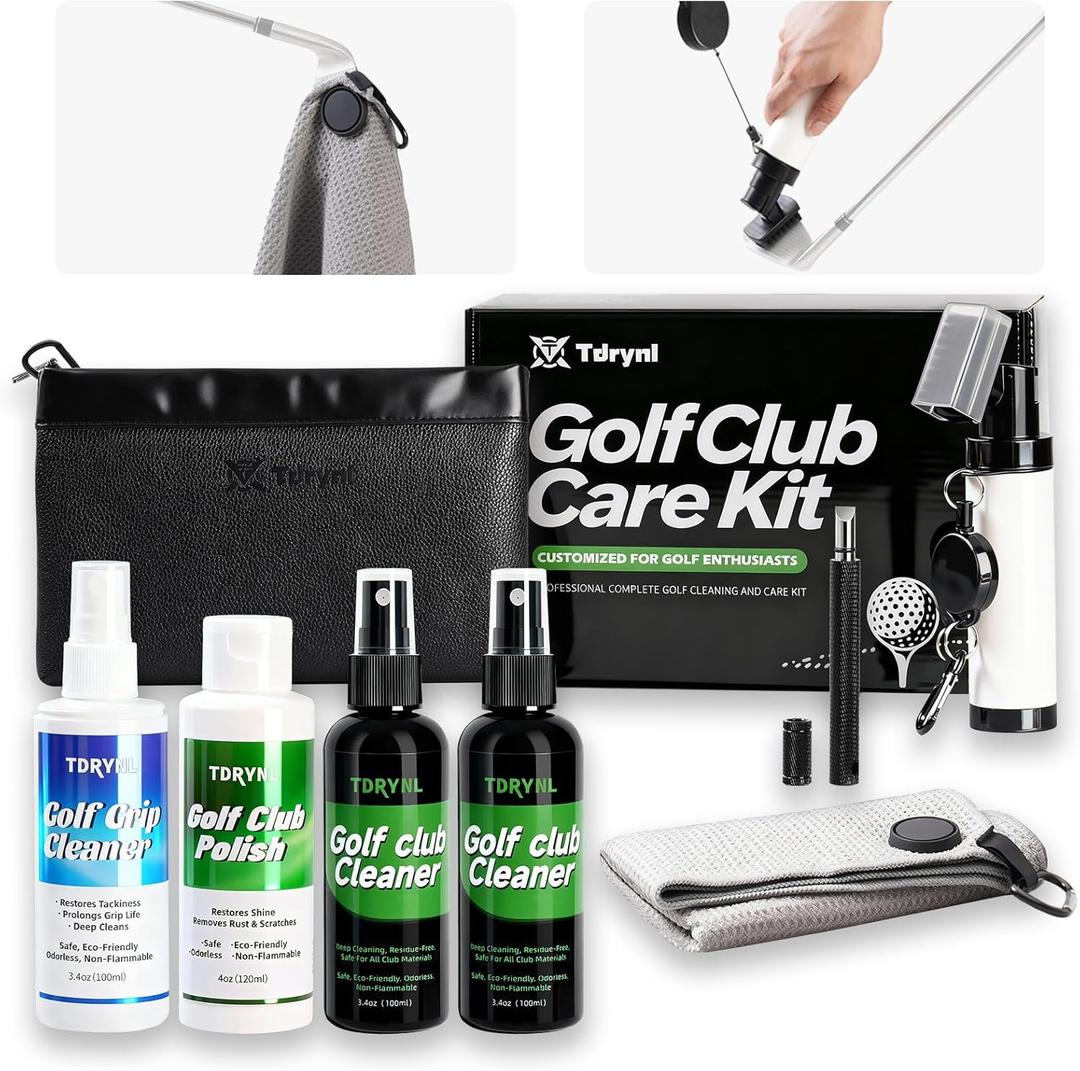 Pro Golf Club Care Kit  Cleaner, Polish, Brush, Groove Sharpener, Grip Cleaner, Magnetic Towel & Leather Bag  Restores Clubs, Removes Rust & Scratches, Renews Tackiness  Golf Gifts for Golfers