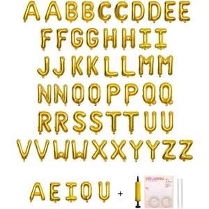 58 PCS Letter Balloons Alphabet Letters 2 Sets A- Z & 1 Sets AEIOU 16 - Inch Mylar Foil Balloons Set for Wedding/Birthdays/Annivs/Grads party Decoration Banner Custom Phrase (Gold)