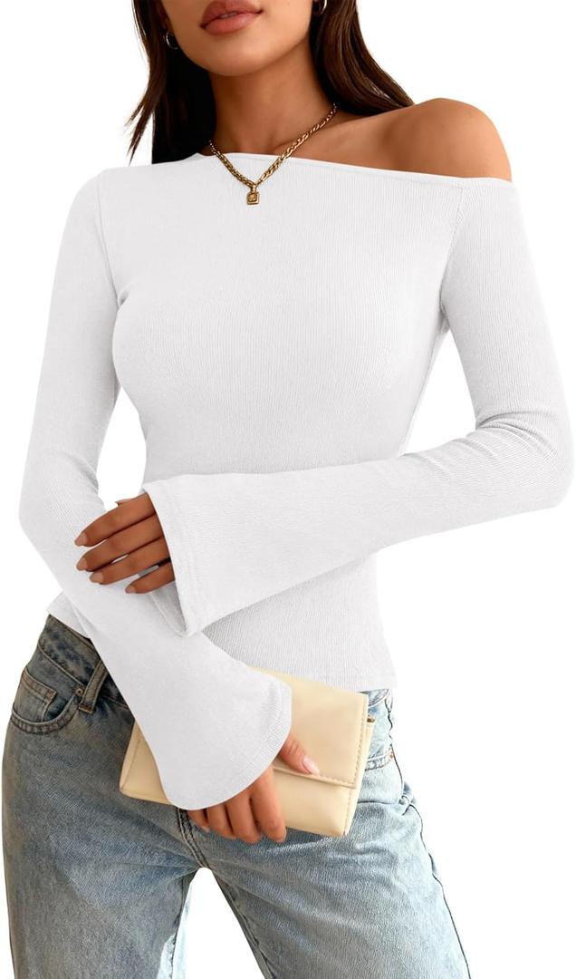 Zenlonr Long Sleeve Shirts for Women 2025 Fall Off The Shoulder Tops Casual Slim Fitted Knit T-Shirt Y2K Clothes