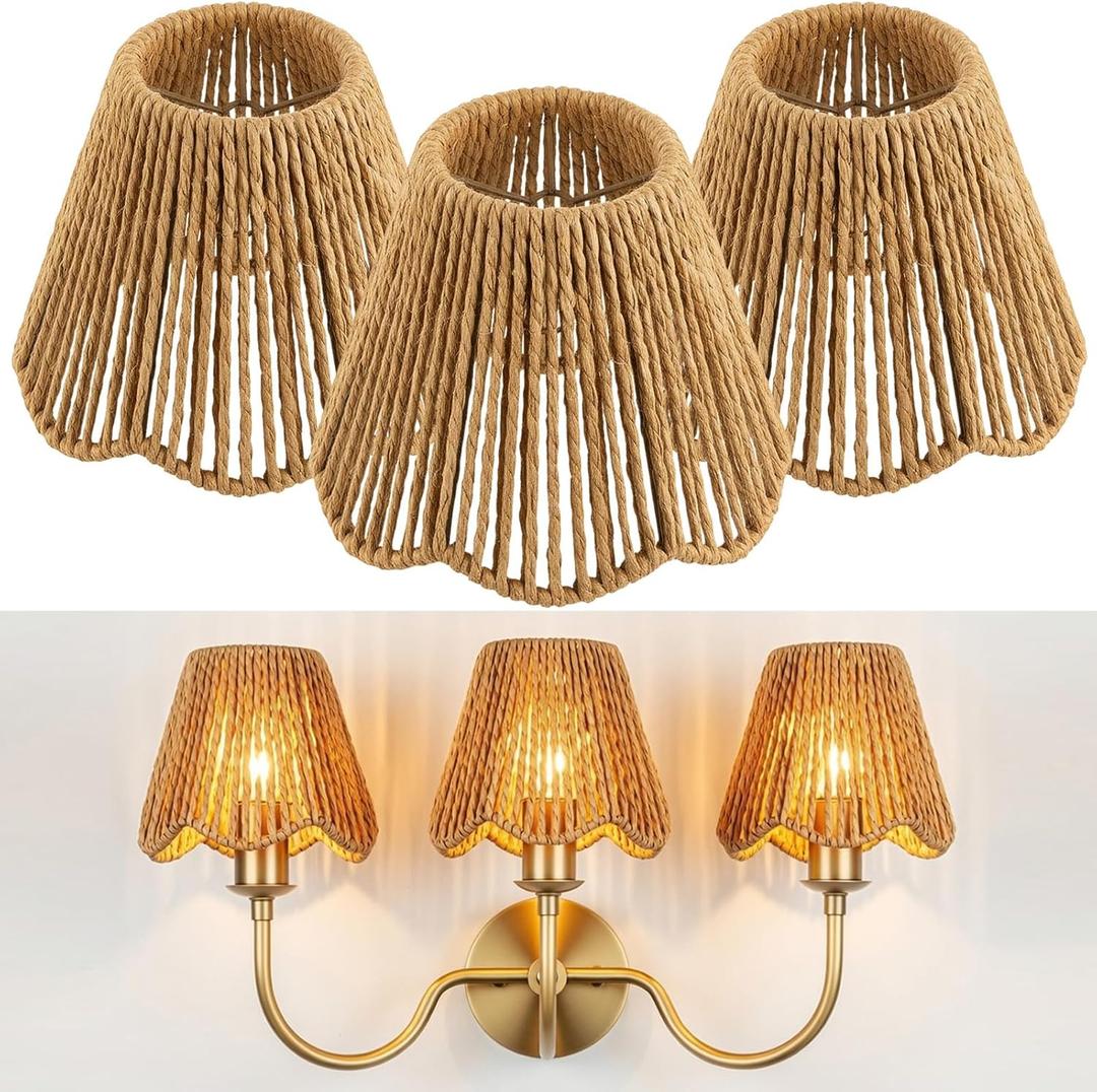 3 Pack Small Rattan Lampshade 3 x 5 x 6 Inch Boho Vertical Striped Rattan Lampshade Replacement with Petal Edges for Table Chandelier Wall Lamp Living Room Bedroom Farmhouse (Wood Color)
