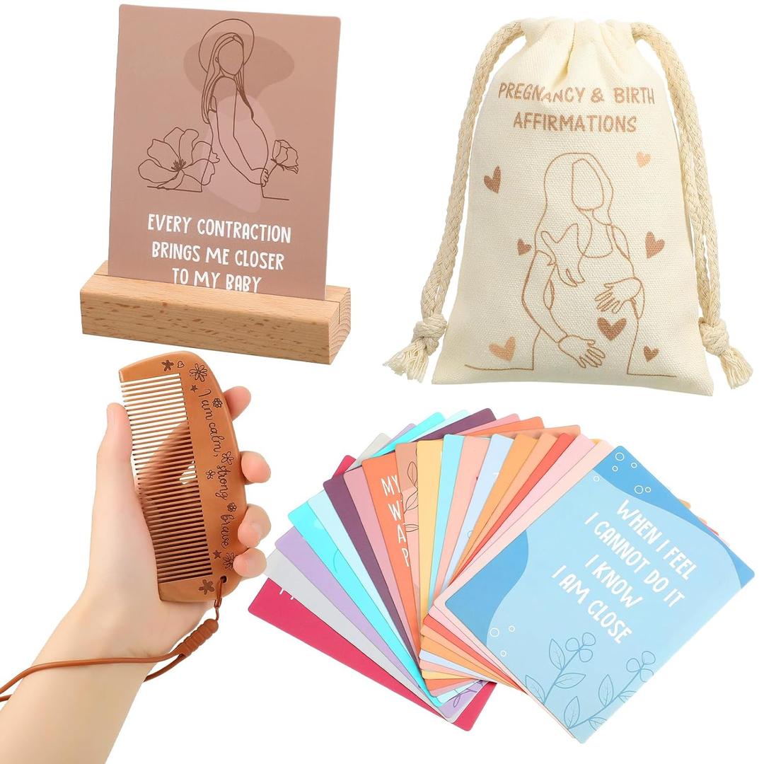 Yungyan 23 Pcs Birthing Comb Gifts Set Includes Wooden Labor Comb Pregnancy Affirmation Cards Canvas Bag for Pregnant Women Labor Pain Relief Essentials, New Mom Positive Encouragement Gifts
