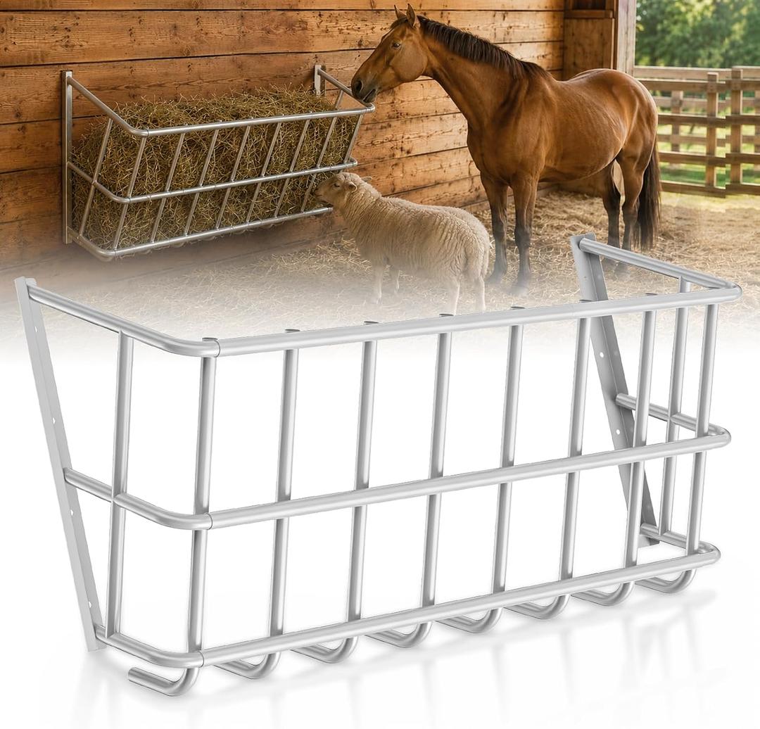 25 Gallon Wall Mount Hay Feeder, Metal Hay Rack for Goats and Horses | Galvanized steel, livestock feeding rack, barn stall feed holder, space-saving, rounded edges, easy install
