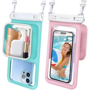 Niveaya [Floatable Floating Waterproof Phone Pouch 2 Pack-Up to 8.5", Large Space Adjustable Neck Lanyard Waterproof Phone Case, Phone Dry Bags for Vacation Beach Pool Kayak Cruise Travel Essentials (Green + Pink)