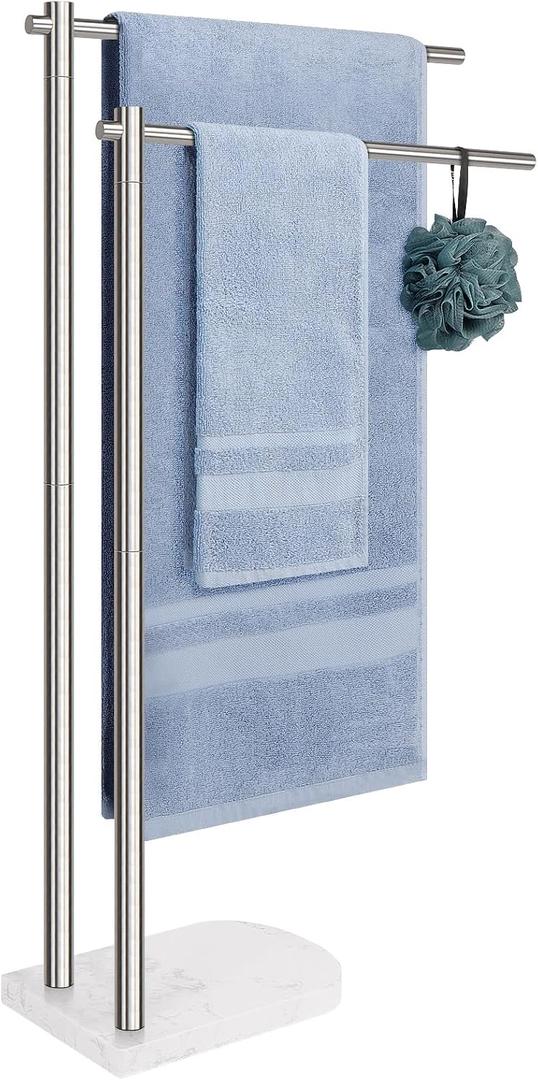 Standing Towel Rack, 304 Stainless Steel 2-Tier Towel Holder Stand with Marble Base, Modern Stylish Tall Shower Towel Bar for Bathroom Accessories, Pool（Brushed Nickel）