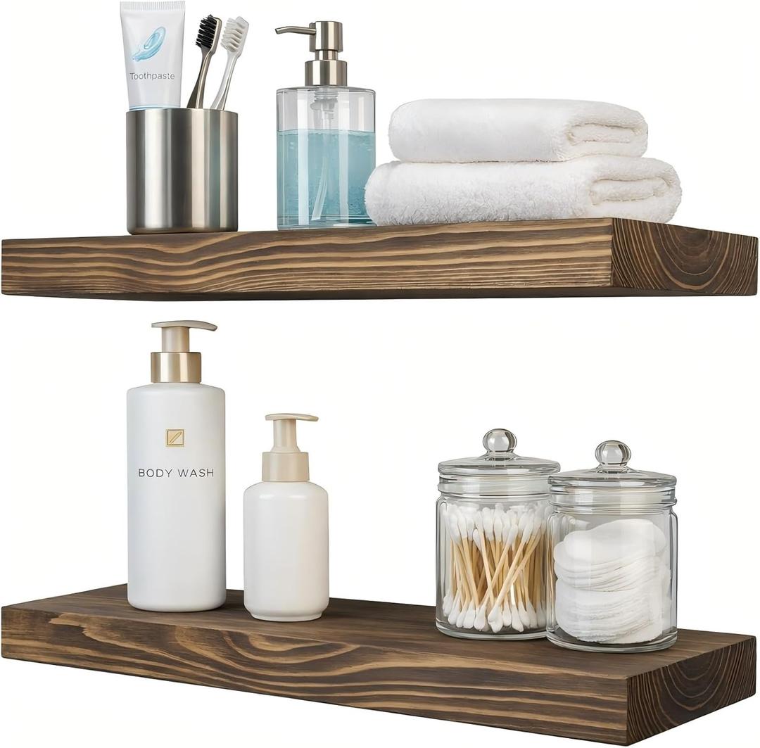 Floating Shelves 2 inch Thick for Wall Set of 2,24 inch High-End Solid Wood Floating Shelves,Rustic Walnut Wall Shelves for Bathroom Bedroom Kitchen, with Sturdy Hidden Bracket,Walnut Finish