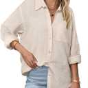 Zeagoo Womens Button Down Shirts Long Sleeve Cotton Gauze Tops Casual Collared Blouses Loose Fit (Small, Khaki)