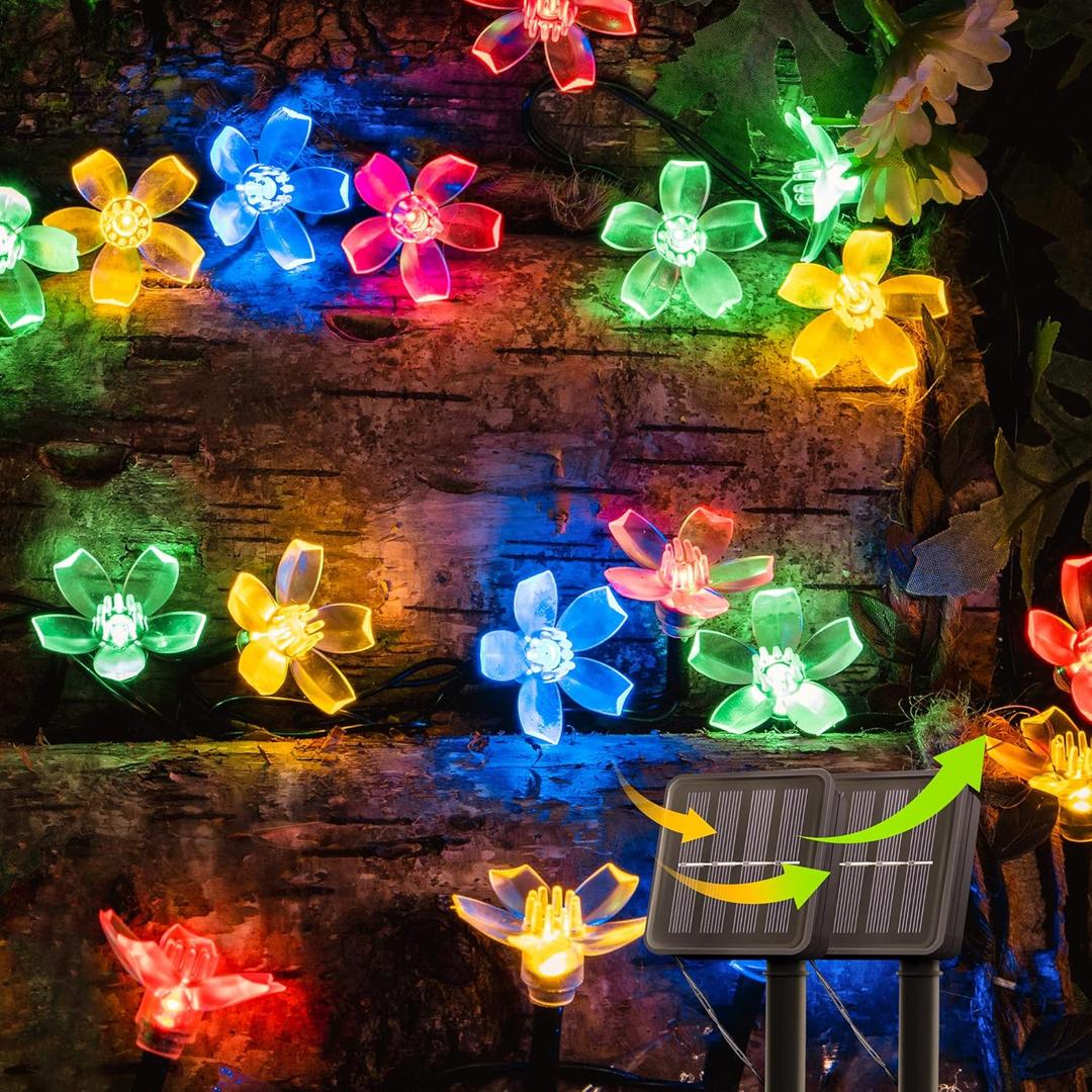 Solar Flower String Lights, 2PACK 50 LED Fairy Light Outdoor Waterproof, Cherry Blossoms Garden Decorations for Fence, Patio, Yard, Christmas Tree, Lawn, Party (Cherry Flower, 2 Pack, Multicolor)