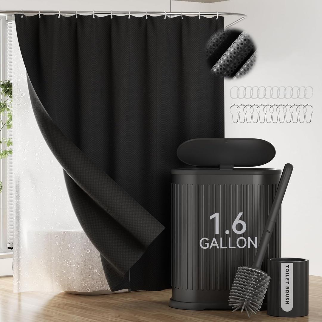 Stainless Steel Bathroom Trash Can and Toilet Brush Set,1.6 Gallon Small Trash Bin with Press Type Lid, Black Bathroom Sets with Shower Curtain and Liner for Bathroom