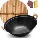 WANGYUANJI Cast Iron Wok Pan 14.9 inch Large SUGUO Wok Stir Fry Pan Flat Bottom with Dual Handle and Wooden Lid, Suitable for All Cooktops, Uncoated Chinese Traditional wok