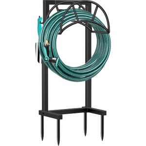 TomCare Garden Hose Holder 4 Spikes Garden Hose Reel Hose Stand Upgraded Water Hose Storage with Tool Hooks Garden Hose Hanger Organizer Holds 160ft Hoses for Outside Yard Lawn, Black