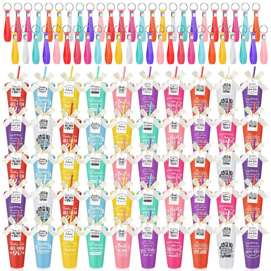 Tioncy 50 Sets Employee Appreciation Cups 24oz Plastic Thank You Tumblers with Lids Straws Keychains Cards Staff Bulk Thank You Gifts for Teacher Nurses Graduation Gifts(Novel)