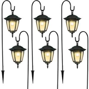 Dynaming 6 Pack Solar Hanging Lights Outdoor, Solar Powered Garden Decorative Lanterns with 6 x 38 Inch Shepherd Hooks, Waterproof Landscape Lighting for Lawn Patio Yard Pathway Driveway, Warm White