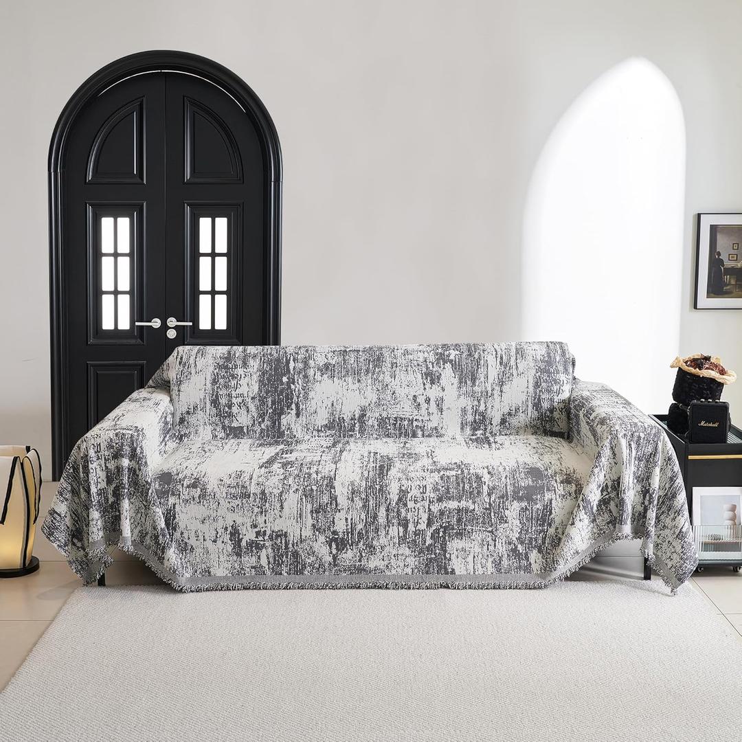 MYSKY HOME Couch Cover for Sectional Sofa Set Abstract Geometric Furniture Sofa Cover Washable for Dog Cat Pet Couch Cover 3 Seat Sofa Chenille Couch Protector Multi-Use Couch Cover Blanket, 71" X134" (1# Deep Grey)