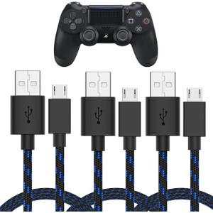 TALK WORKS Micro USB Controller Charger Cable for PlayStation 4-6-Foot Long Braided Heavy-Duty Fast Charger Cord for PS4, Blue-Black (3 Pack)