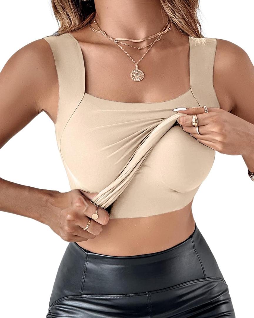 CHICME Womens U Neck Shapewear Built-in Bra Tank High Strechy Sleeveless Slim Fit Tops Camisole Workout Tops (Beige, XL)