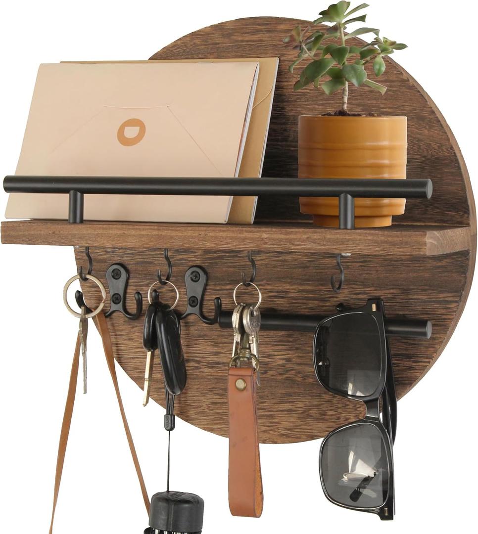Gurfuy Key Holder for Wall with Shelf - Wood Mail Organizer and Rack with Shelf Hooks Wall Mounted for Entryway Decor Magazines Letter Storage Farmhouse Living Room Bedroom Doorway (Rustic Brown)