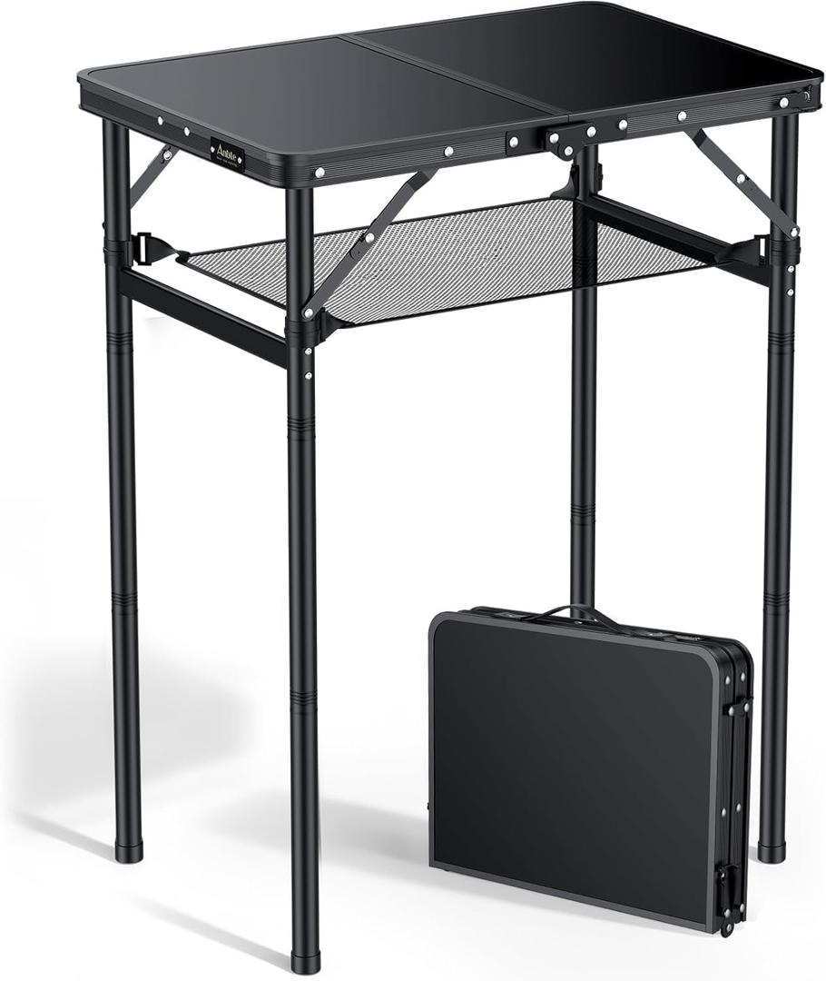 Anbte 2ft Folding Camping Table Max 29.5", 3 Adjustable Height Aluminum Small Folding Table with Storage Net & Portable Handle, Lightweight, for Travel Outdoor Beach Picnic Camp, 23.2" x 16", Black