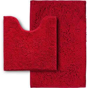 Bathroom Rugs Sets 2 Piece,Super Absorbent Soft,Thick,Machine Washable Chenille Bath Mat,Non Slip Toilet Floor Rug,Bath Mats for Bathroom,20x32 Plus 20x20 U Shape,Red