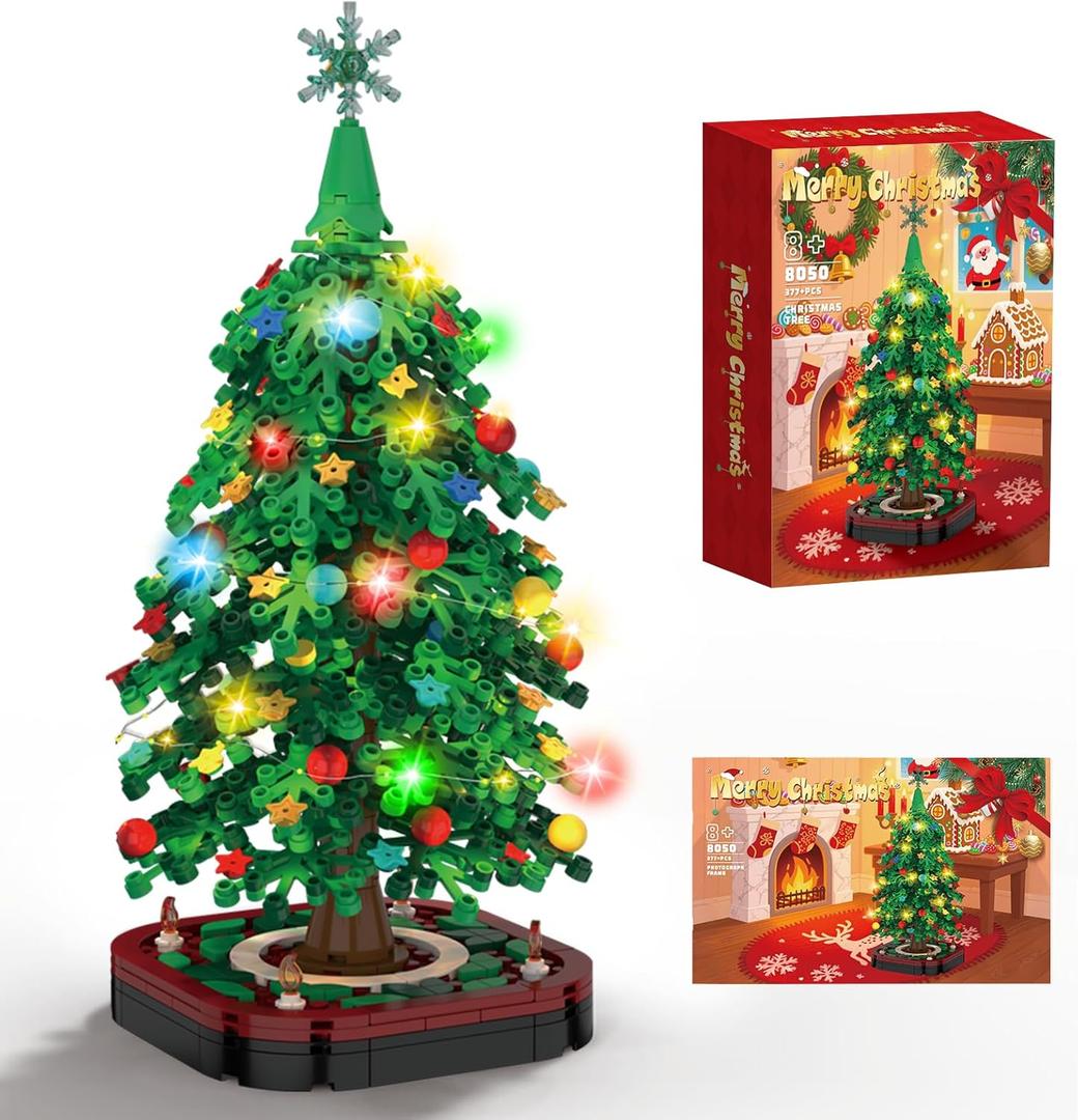 Christmas Tree Building Blocks Set,DIY Christmas Tree Toy Bricks with LED Light, Creative Educational STEM Gift for Boys and Girls, Creative Home Decor Building Toys Gifts for Kids Adults Teens