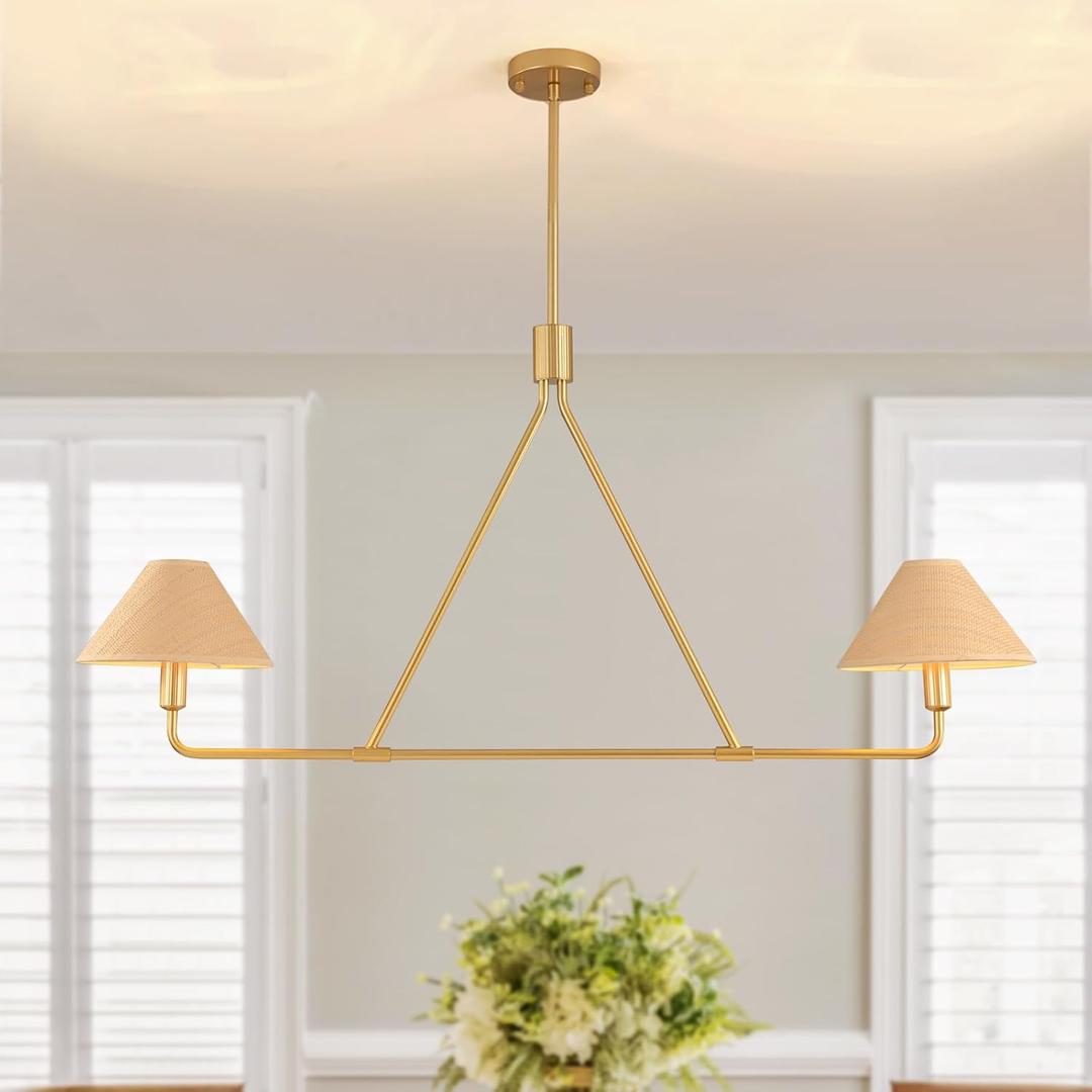 46”Gold Linear Chandelier Rattan Dining Room Light Fixtures Over Table Boho Kitchen Island Lighting Coastal Brass Chandeliers for Dining Room，Kitchen（Minimalist bi-conical Design）