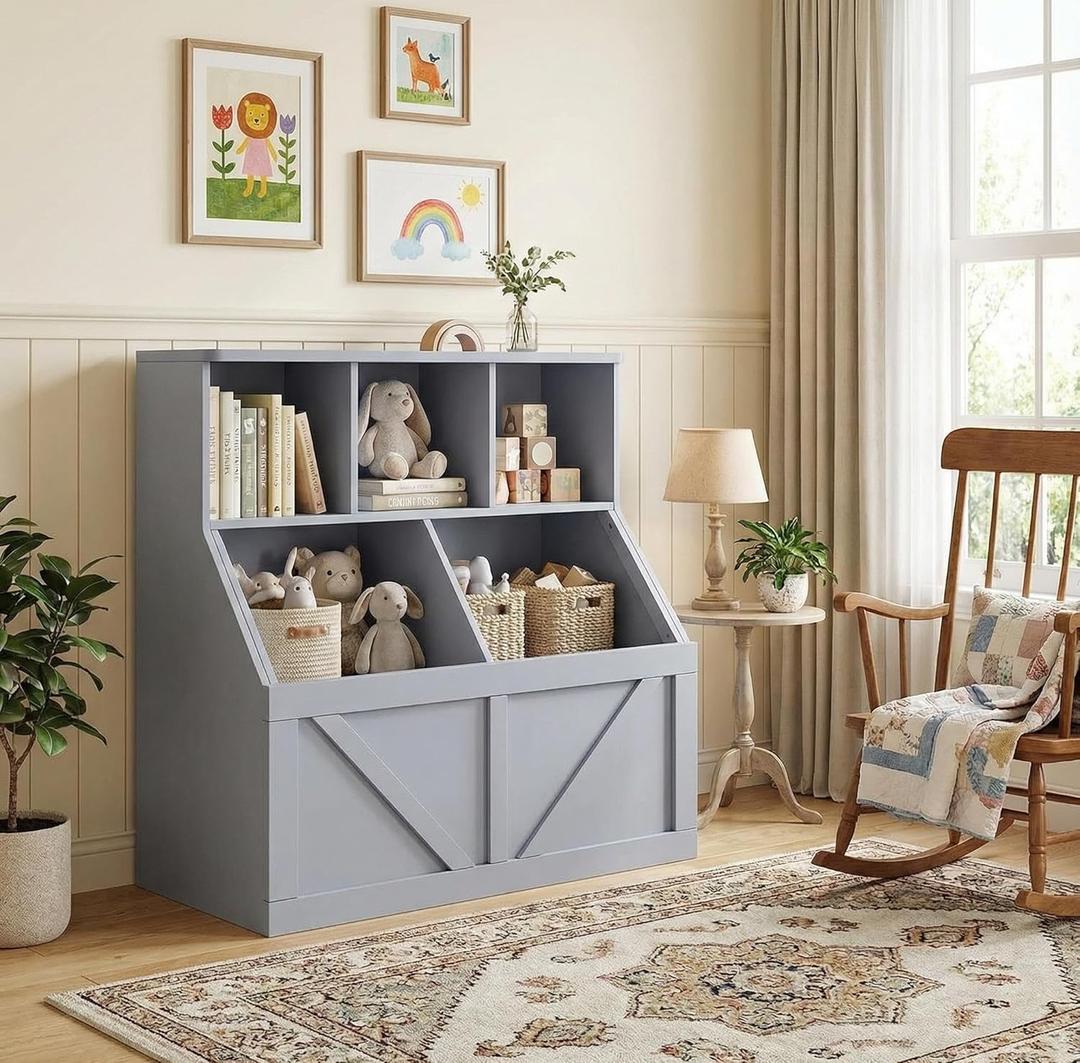 GAOMON Toy Storage Organizer and Kids Bookshelf, Toddler Toy Storage Cabinet with Toy Shelf, Toy Organizer and Kids Bookcases Fit for Playroom Bedroom Nursery Classroom School Kindergarten Daycare (Grey)