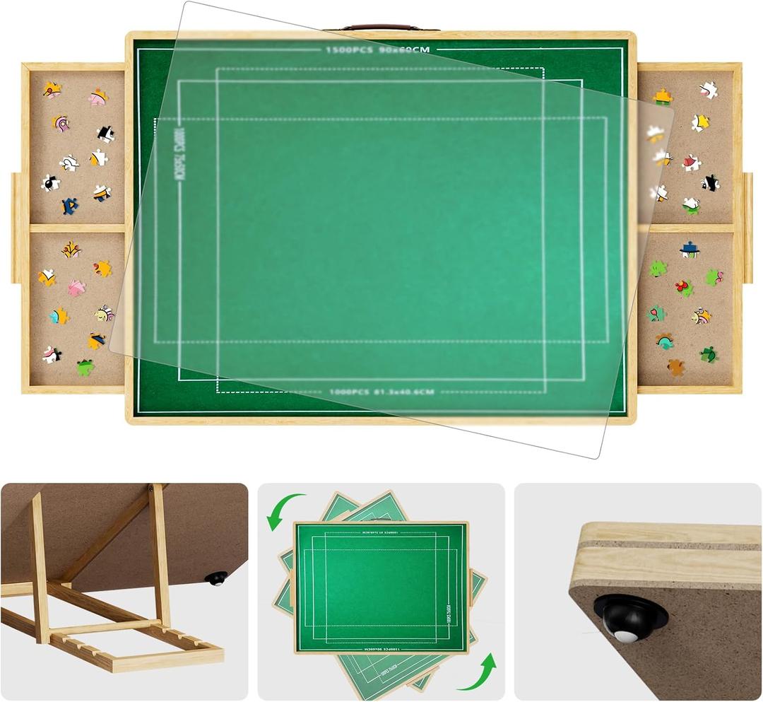 Rotating Puzzle Board 1500 Pieces with Drawers, 35"x27" Wooden Jigsaw Puzzle Table with Measuring Felt, Portable Puzzle Board with Adjustable Tilting Stand and Cover, Puzzle Gift for Adults
