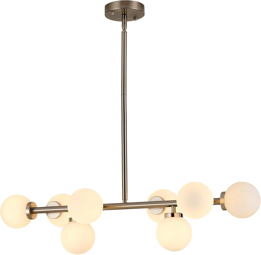 Brushed Nickel 8 Light Linear Chandelier Rustic Industrial Iron Chandeliers White Glass for Dining Room Lighting Fixtures Hanging
