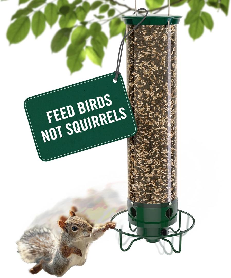 Droll Yankees Squirrel Proof Bird Feeder for Outdoors Rechargeable Weight-Activated Rotating Perch, 5lb Seed Capacity, Metal Base, UV-Stabilized Seed Tube, Hanging Green Yankee Flipper, YF-M