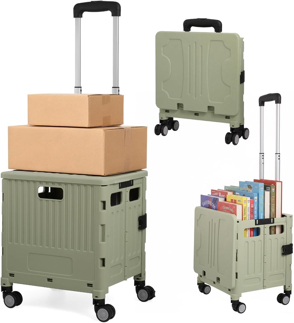Rolling Cart for Teachers,Folding Rolling Crate Collapsible Utility Handcart Shopping Trolley Tool Box, with Lid, Basket on 4 Rotate Wheels, for Grocery, Office, Luggage, Teacher,Green