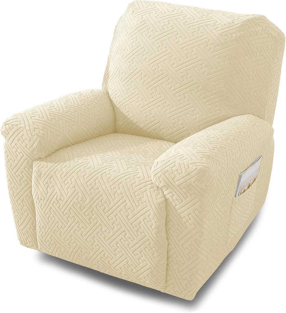NORTHERN BROTHERS Stretch Recliner Chair Cover, Split Jacquard Furniture Protector, 4 Piece Recliner Slipcovers with Pockets for Living Room, Beige (1 Seat)