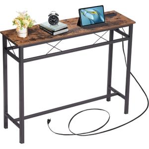 VECELO 39.4In Narrow Sofa/Console Table with Charging Station & Power Outlet and USB Ports, for Entryway, Living Room, Office, Industrial, Metal Frame, Brown