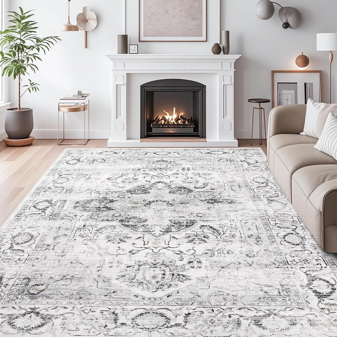 9x12 Area Rugs for Living Room, Machine Washable Non Slip Vintage Rug, Non-Slip Stain Resistant, Large Soft Home Decor Rug for Bedroom Dining Room (Ivory/Gray,9'x12')