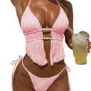 ZAFUL Halter Swimsuits for Women Textured Backless 2 Piece Bathing Suits Cheeky High Cut String Tie Side Bikini Sets (Pink, M)