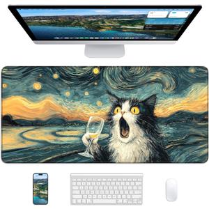 XL Gaming Mouse Pad, 31.5x15.7'' Large Desk Mat with Anti-Slip Rubber Base & Stitched Edges for Gaming, Office, Home, Shocked Cat