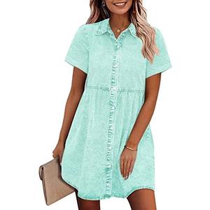 GRAPENT Button Down Denim Dress for Women Babydoll Tiered Short Sleeve Jean Shirt Dresses Color Verdant Green Size Large Size 12 to 14