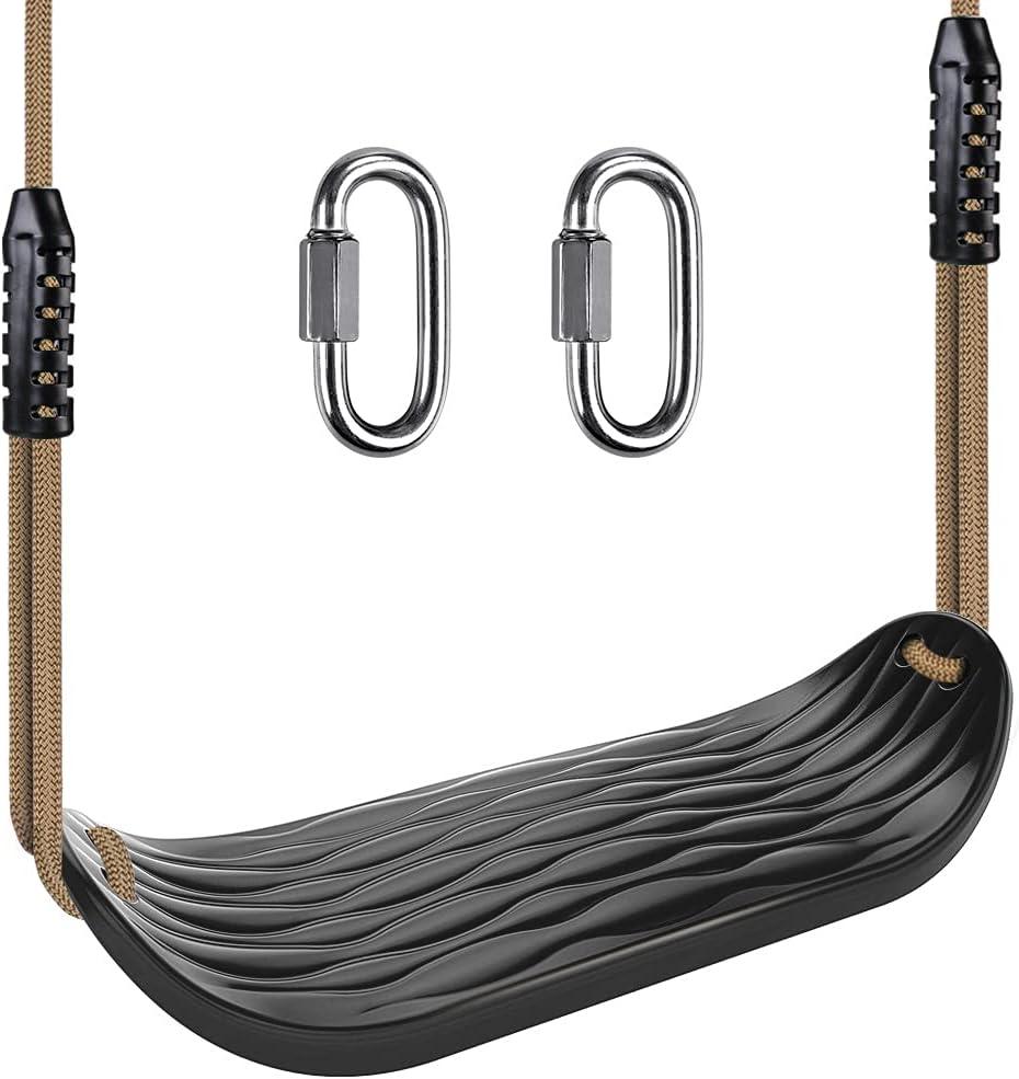 SELEWARE Plastic Swing Seat, Non Slip Tree Swing Set with Adjustable Rope and 2 Carabiners, Heavy Duty Playground Swing Set Accessories for Kid Indoor Outdoor Backyard, Black (Black, 1 Pack)