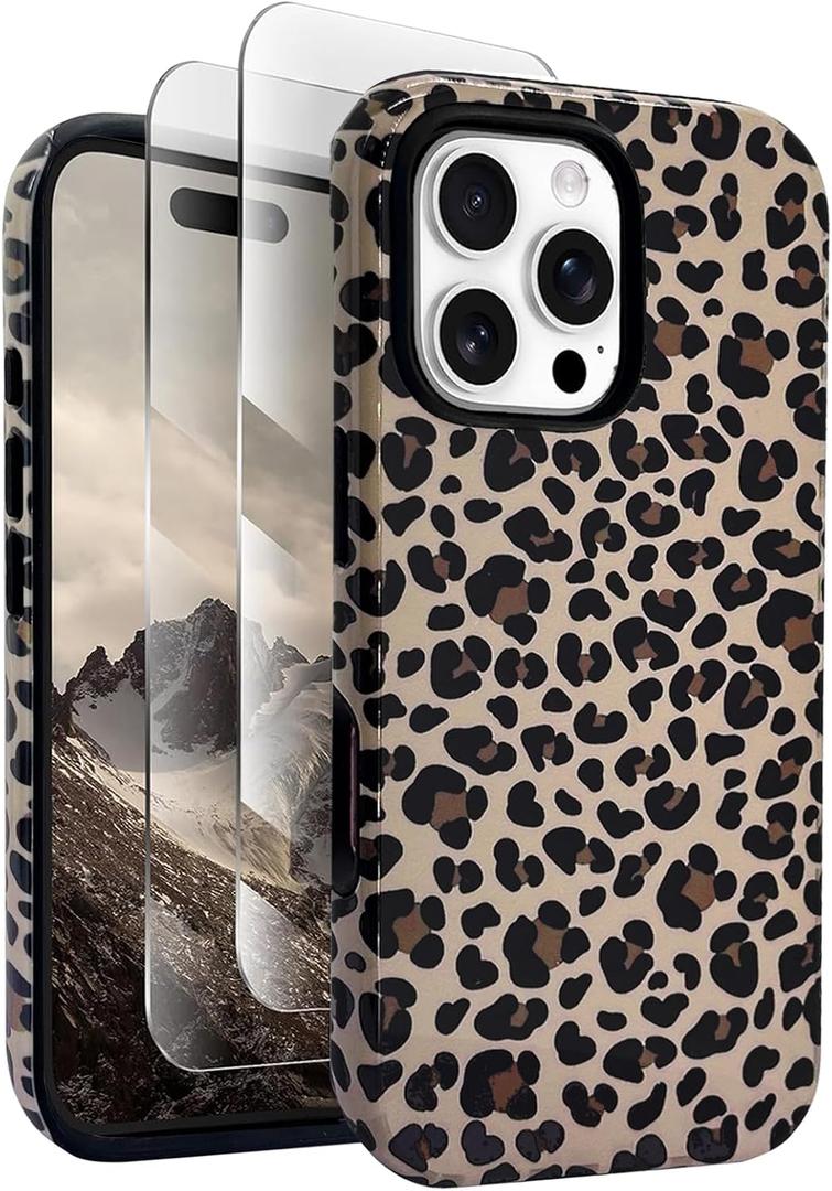 J.west Compatible with iPhone 16 Pro Max Case6.9 inch with 2 Pack Tempered Glass Screen Protectors Cute Animal Leopard Hybrid Cover for Girls Women Aesthetic Protective Phone Cases Cheetah