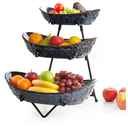3 Tier Fruit Bowls with Metal Stand, Porcelain Fruit Basket for Kitchen Counter Fruit Display Stand for Party, Vegetable,Snack, Dessert, Blue