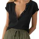 Tankaneo Women Deep V Neck Low Cut Tops Casual Ribbed Knit Henley T-Shirts Summer Short Sleeve Tees (Black, XL)