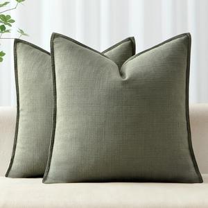 MIULEE Decorative Pillow Covers 18x18, 2 Pack Boho Farmhouse Neutral Throw Pillows for Couch, Thick Textured Modern Linen Cushion Cases Sofa Bed Living Room Home Decor, Olive Green