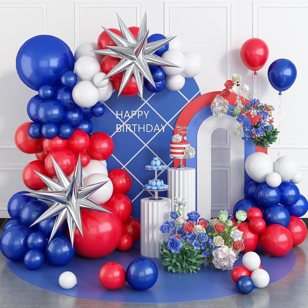 Red White Blue Balloon Arch Kit, Latex Birthday Balloons 5 10 18 inch Blue Red White Party Balloon Garland Kit with 2 Silver Explosion Star for Baby Shower Decorations Wedding Graduation Party