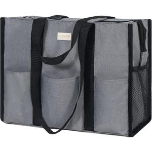 TOPDesign Utility Water Resistant Tote Bag with 13 Pockets, Top Zipper Closure & Thick Bottom Support, for Working Women (Medium, Light Grey)