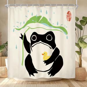 LGhtyro Funny Frog Shower Curtain Bathroom Set 71Wx78H Inches Asian Duck Traditional Art Japanese Cute Animal Taking Lotus Leaf Rain Bath Accessories Black Green Art Home Decor Fabric 12 Pack Hooks